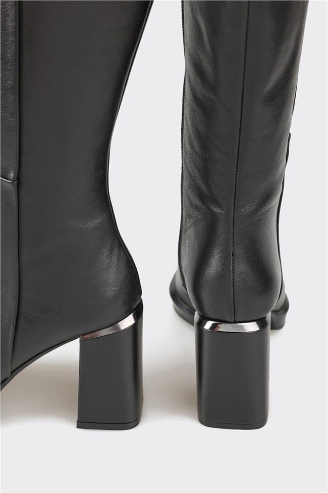 Siyah Deri Kadın Topuklu Çizme