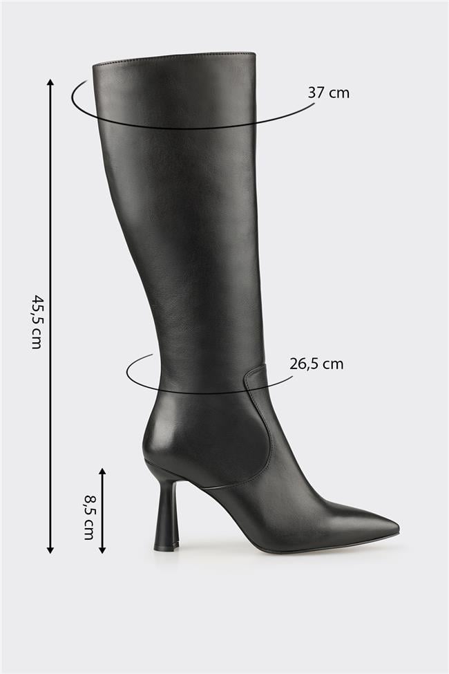 Siyah Deri Kadın Topuklu Çizme