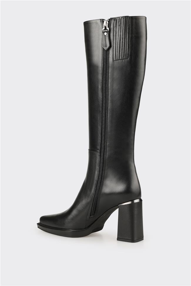 Siyah Deri Kadın Topuklu Çizme