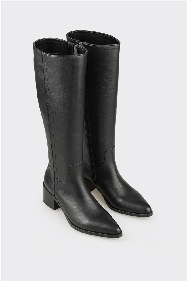 Siyah Deri Kadın Topuklu Çizme