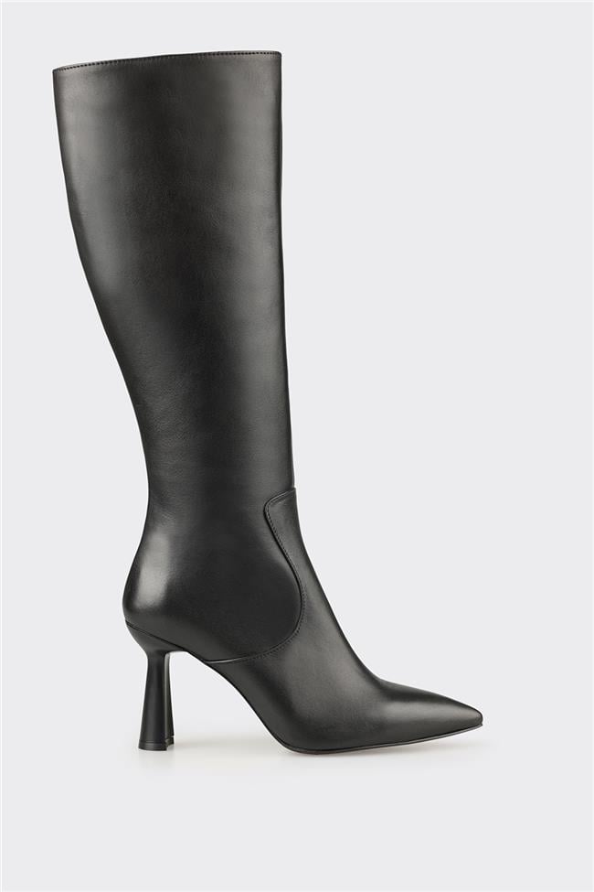 Siyah Deri Kadın Topuklu Çizme
