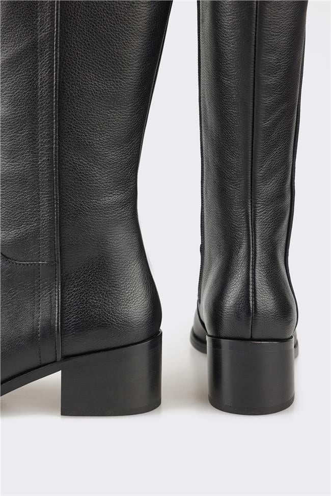 Siyah Deri Kadın Topuklu Çizme