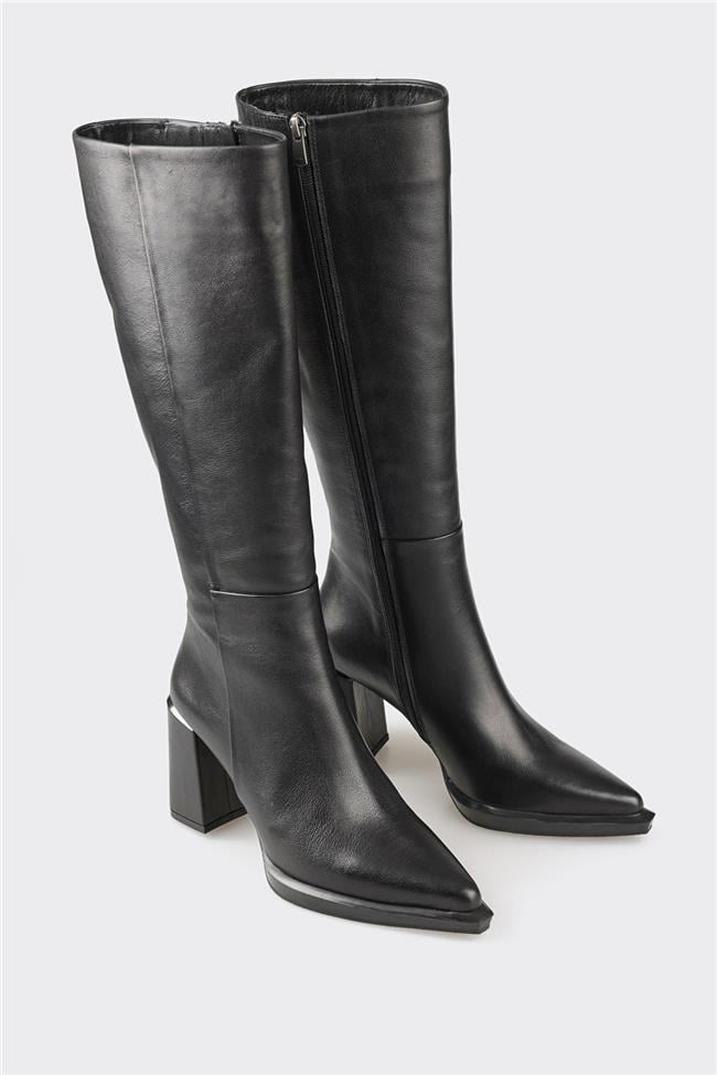 Siyah Deri Kadın Topuklu Çizme