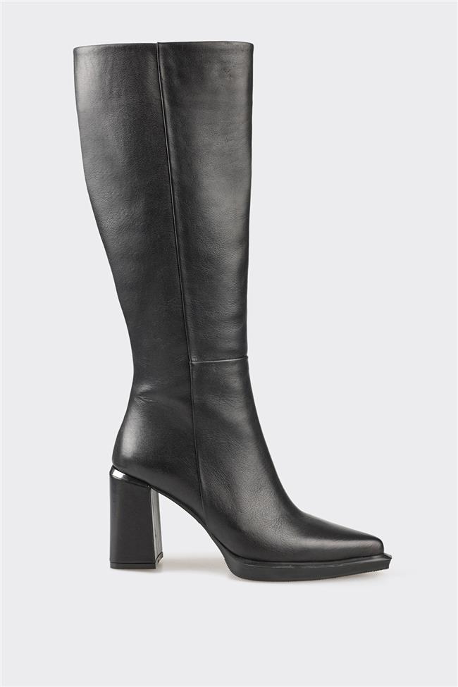 Siyah Deri Kadın Topuklu Çizme