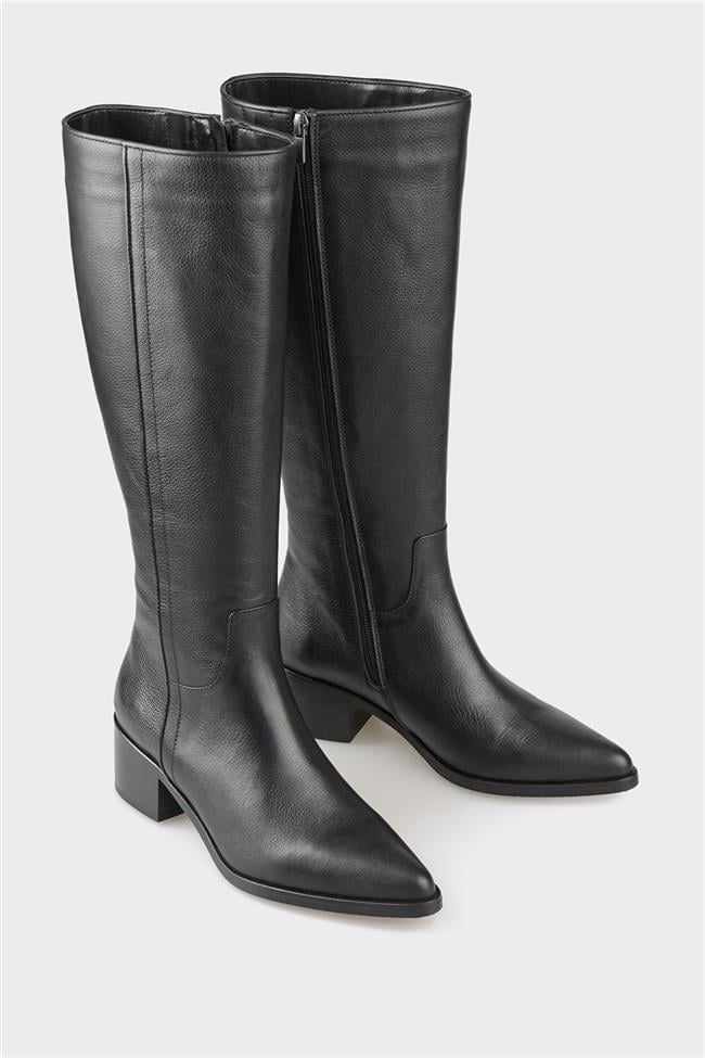 Siyah Deri Kadın Topuklu Çizme