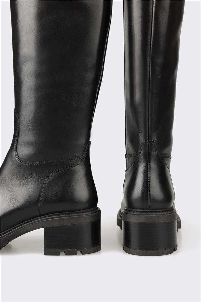 Siyah Deri Kadın Topuklu Çizme