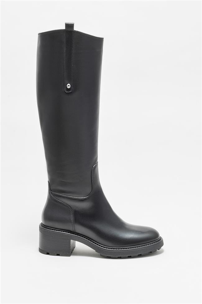 Siyah Deri Kadın Topuklu Çizme