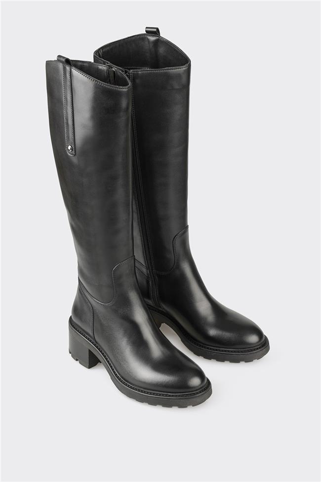 Siyah Deri Kadın Topuklu Çizme