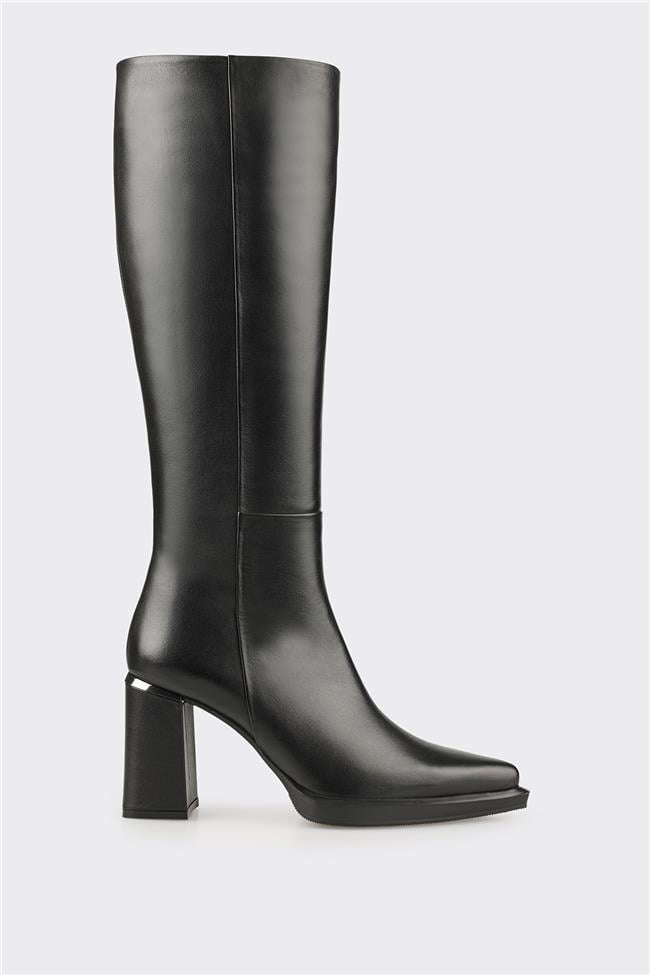 Siyah Deri Kadın Topuklu Çizme