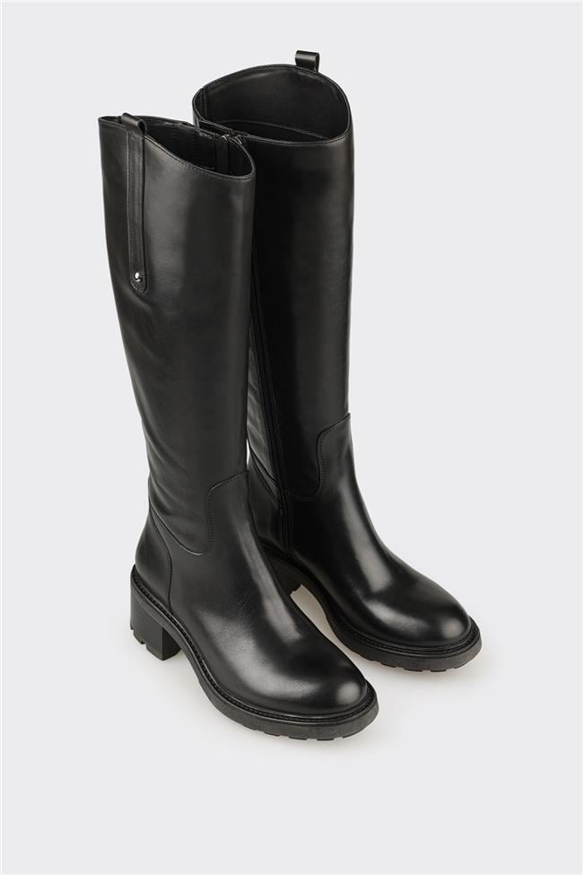 Siyah Deri Kadın Topuklu Çizme