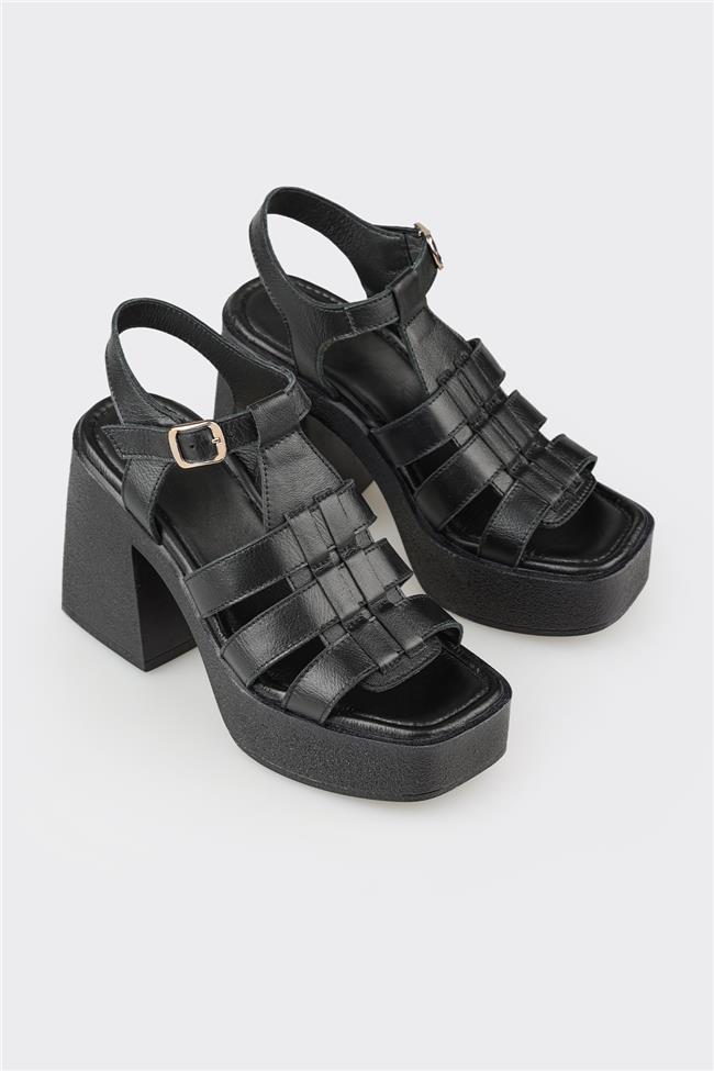 Siyah Deri Kadın Topuklu Sandalet