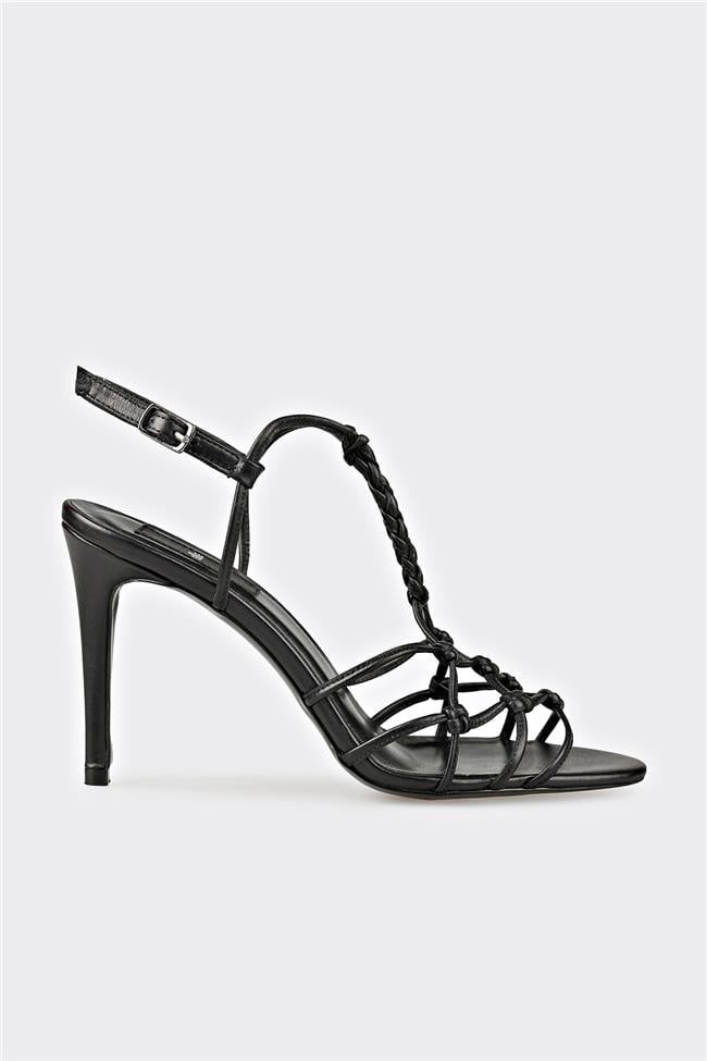 Siyah Deri Kadın Topuklu Sandalet