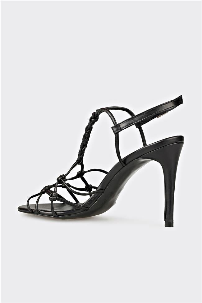 Siyah Deri Kadın Topuklu Sandalet