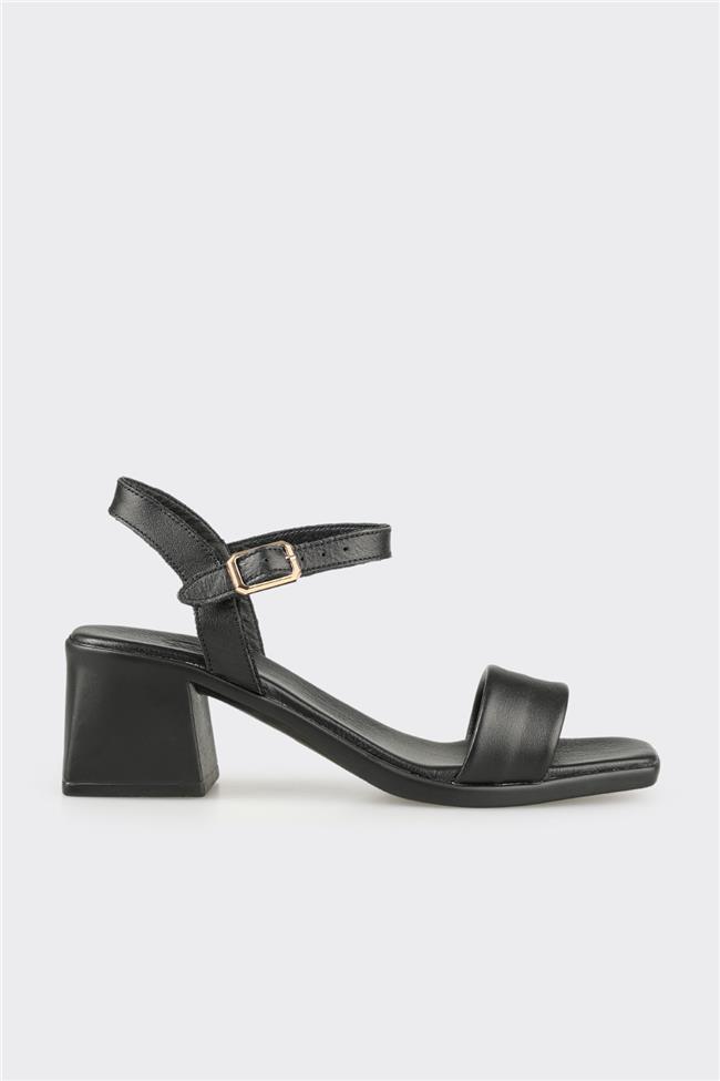 Siyah Deri Kadın Topuklu Sandalet