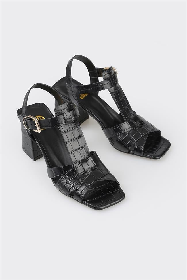 Siyah Deri Kadın Topuklu Sandalet