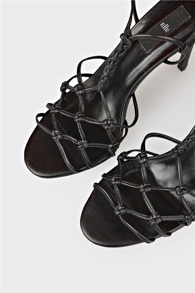 Siyah Deri Kadın Topuklu Sandalet