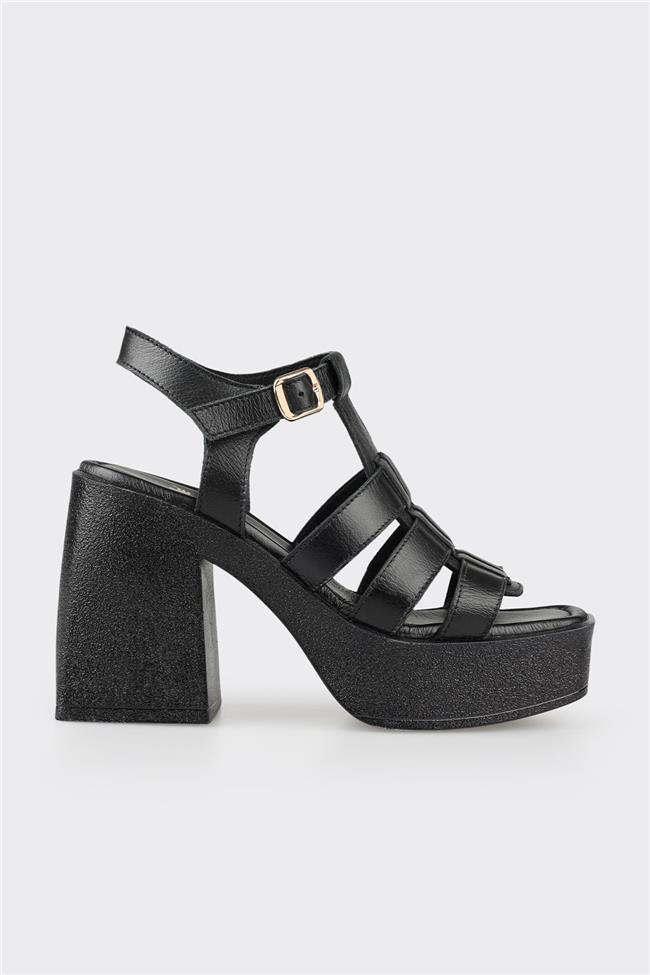Siyah Deri Kadın Topuklu Sandalet