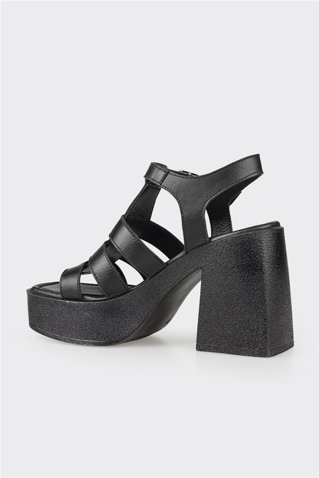 Siyah Deri Kadın Topuklu Sandalet