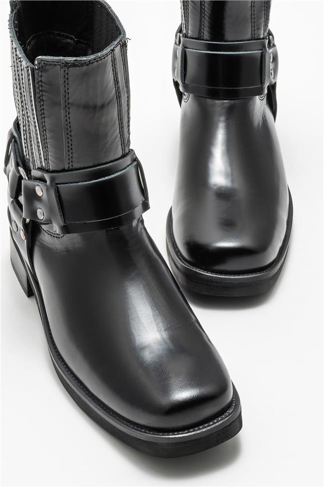 Siyah Deri Kadın Western Bot