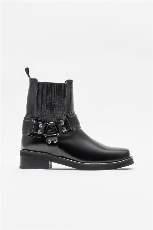 Siyah Deri Kadın Western Bot