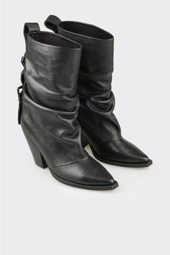 Siyah Deri Kadın Western Bot