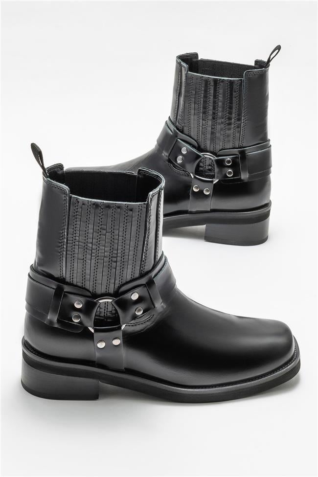 Siyah Deri Kadın Western Bot