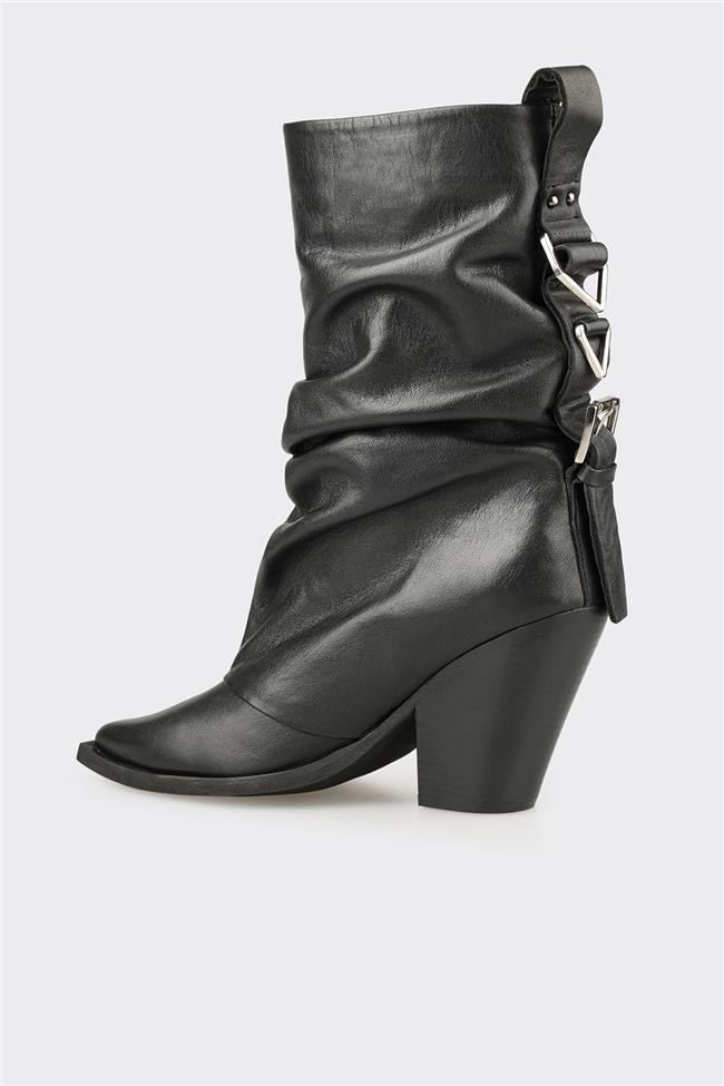 Siyah Deri Kadın Western Bot