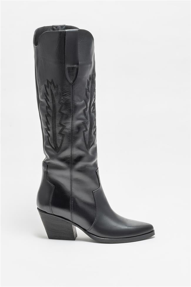 Siyah Deri Kadın Western Çizme