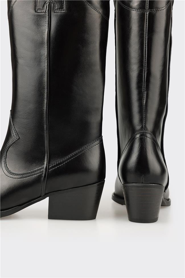 Siyah Deri Kadın Western Çizme