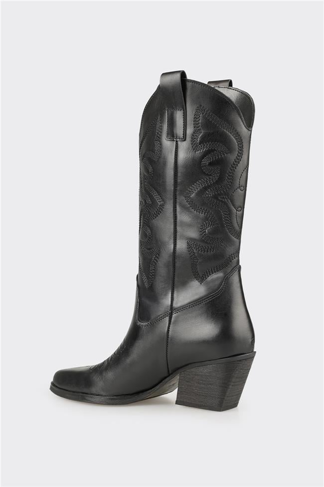 Siyah Deri Kadın Western Çizme