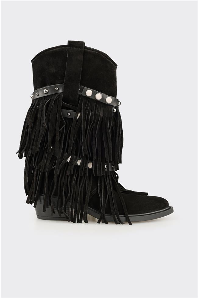 Siyah Deri Kadın Western Çizme