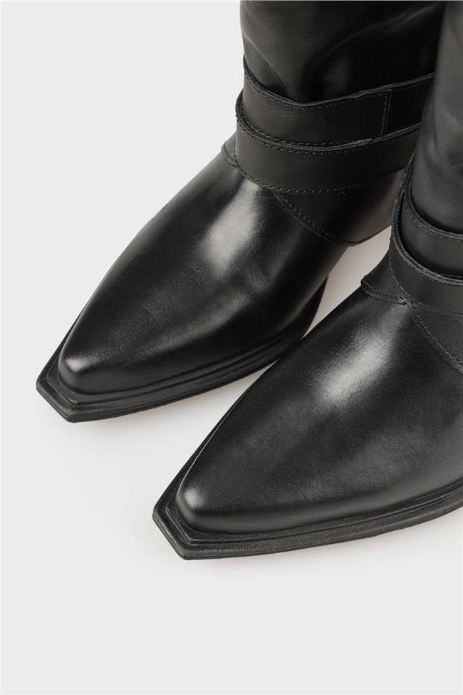 Siyah Deri Kadın Western Çizme