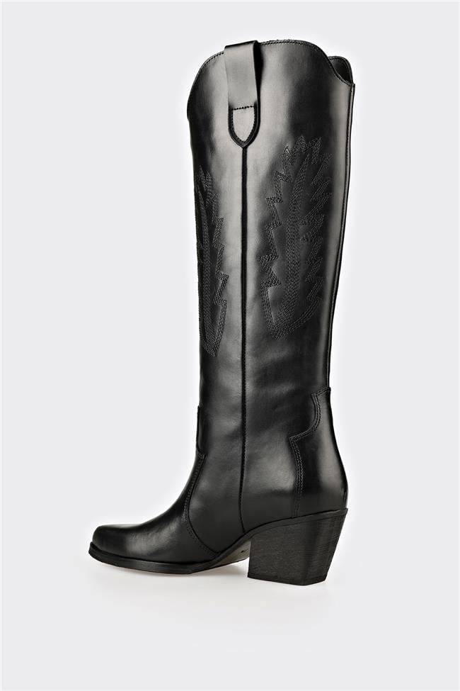 Siyah Deri Kadın Western Çizme