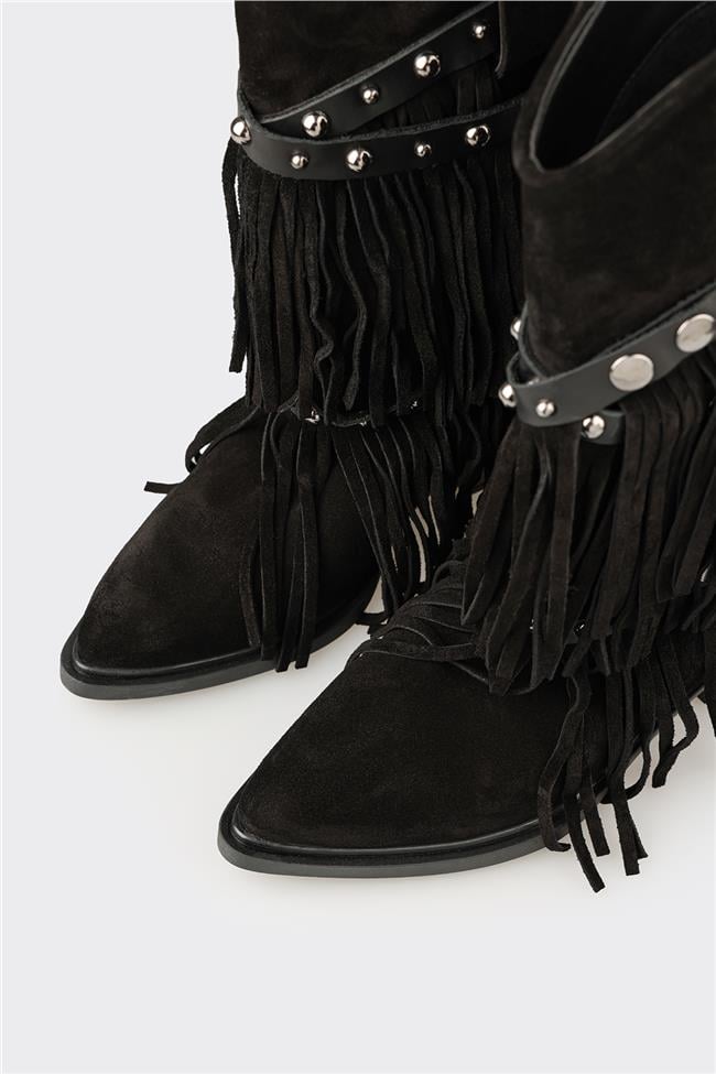 Siyah Deri Kadın Western Çizme