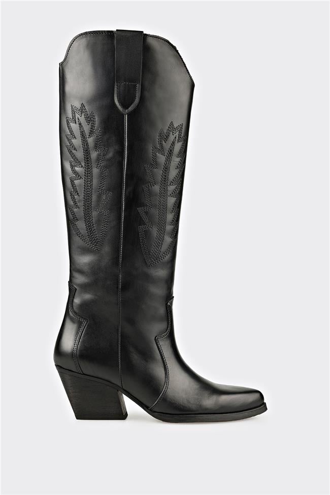 Siyah Deri Kadın Western Çizme