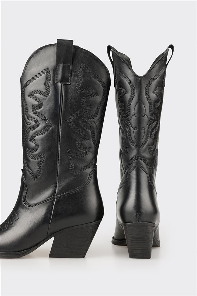 Siyah Deri Kadın Western Çizme