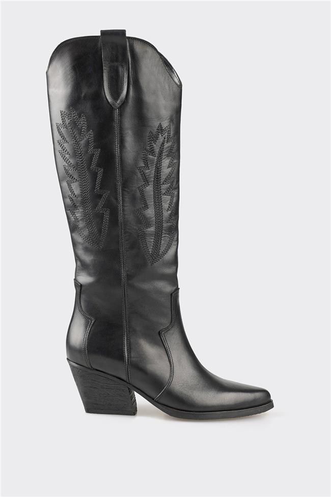 Siyah Deri Kadın Western Çizme