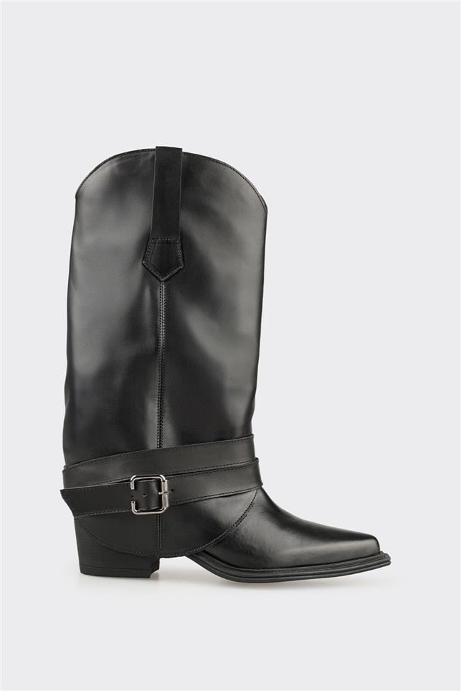 Siyah Deri Kadın Western Çizme