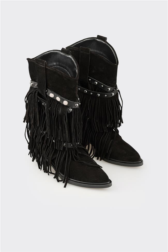 Siyah Deri Kadın Western Çizme