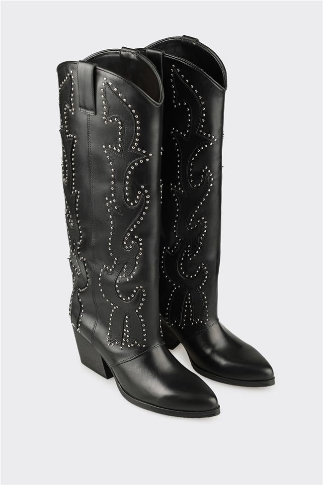 Siyah Deri Kadın Western Çizme