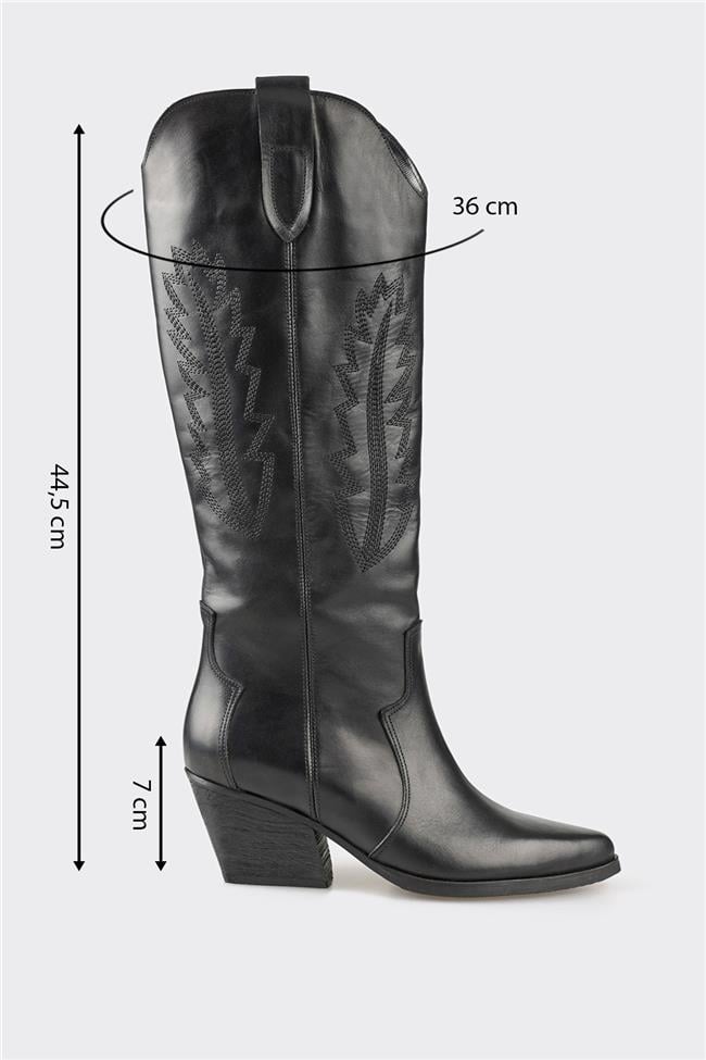 Siyah Deri Kadın Western Çizme