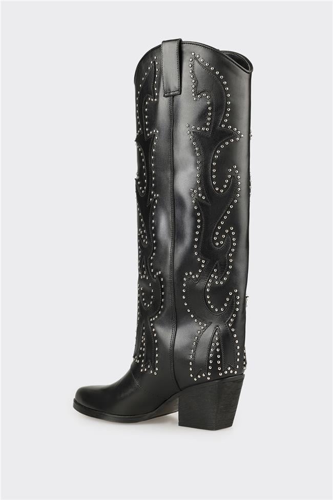 Siyah Deri Kadın Western Çizme