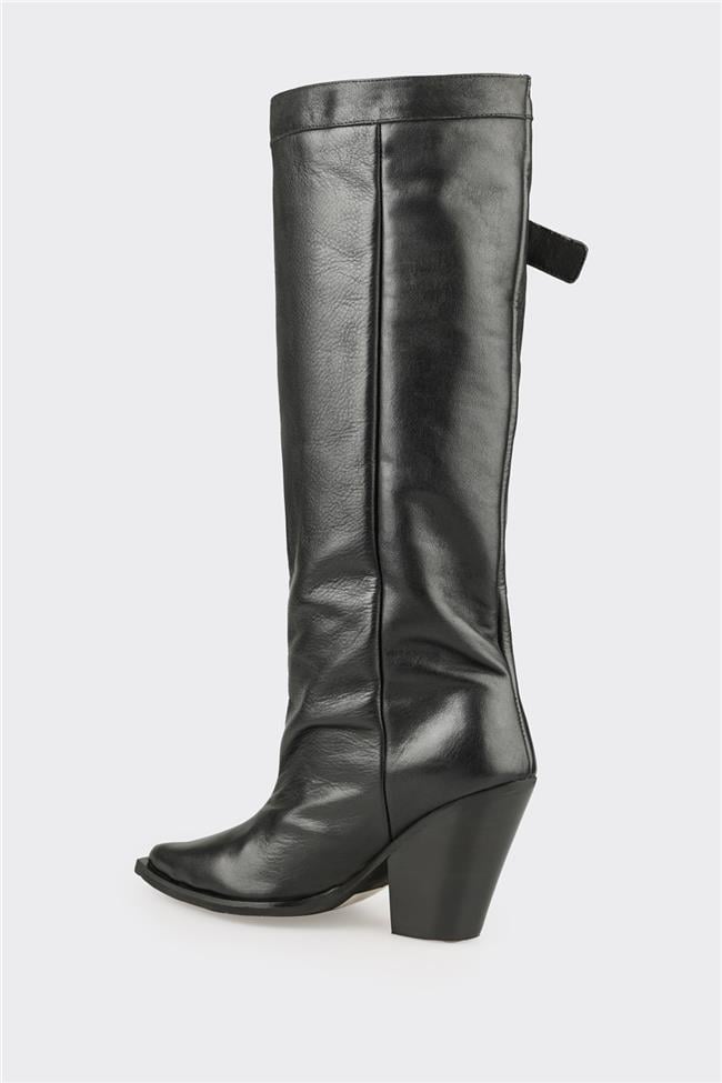 Siyah Deri Kadın Western Çizme