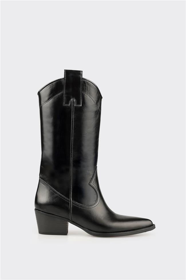 Siyah Deri Kadın Western Çizme