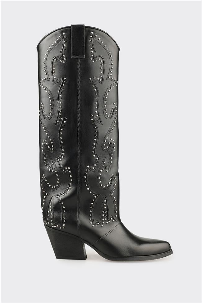 Siyah Deri Kadın Western Çizme