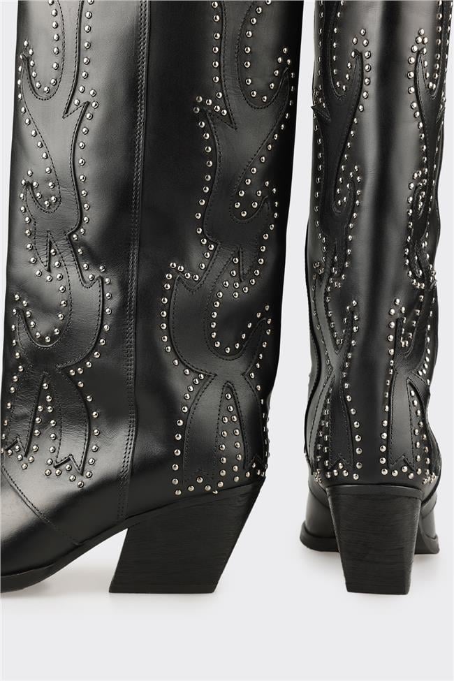 Siyah Deri Kadın Western Çizme