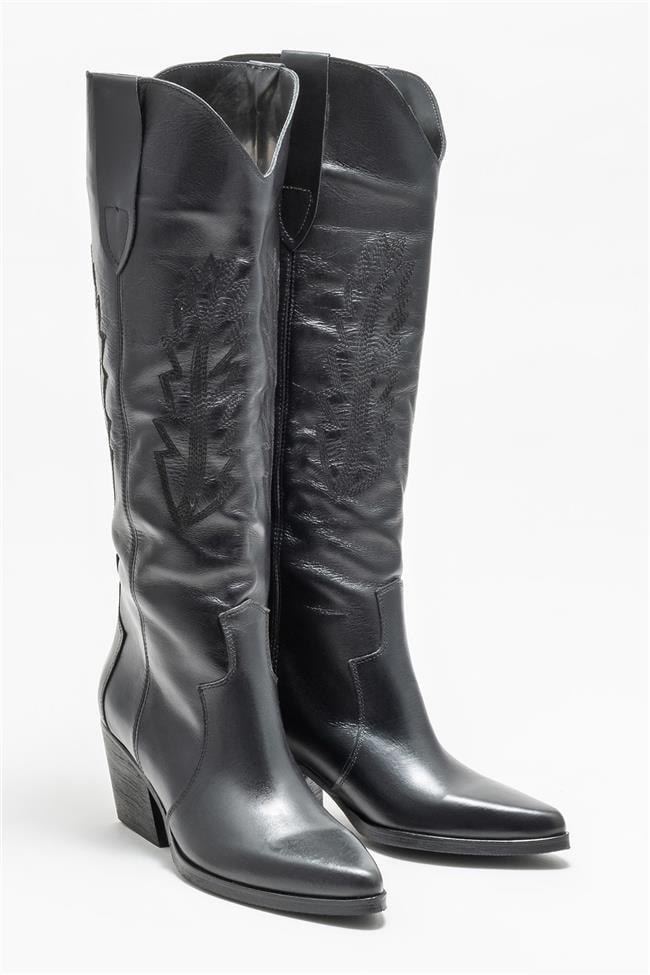 Siyah Deri Kadın Western Çizme