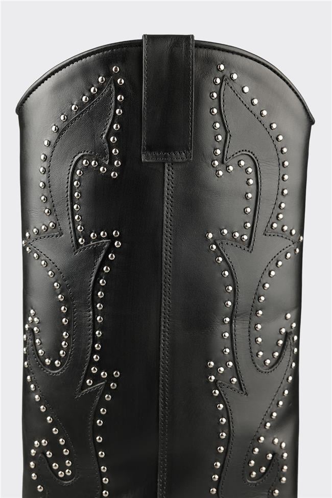 Siyah Deri Kadın Western Çizme