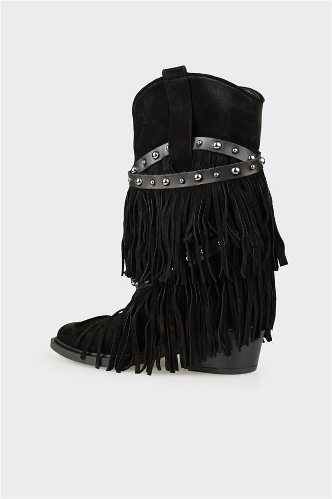 Siyah Deri Kadın Western Çizme