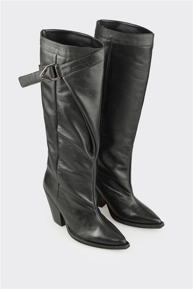 Siyah Deri Kadın Western Çizme